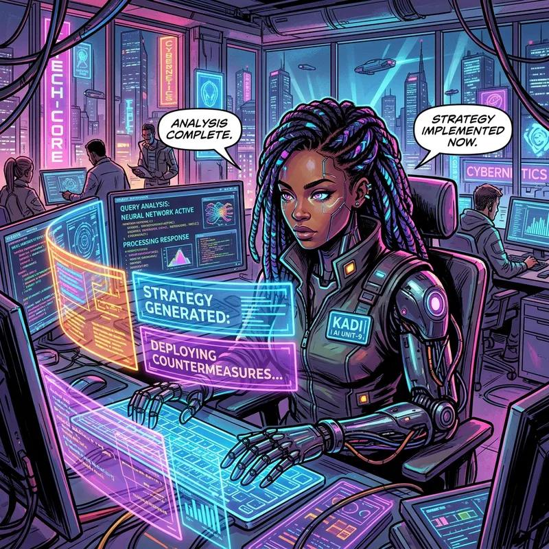 Illustrated futuristic command room with a cybernetic Black woman, neon holograms and detailed comic linework